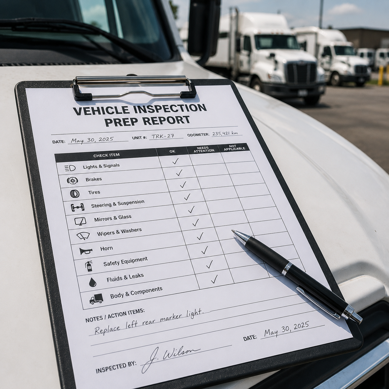 MTO vehicle inspection prep report on a clipboard resting on the hood of a commercial truck in a fleet yard
