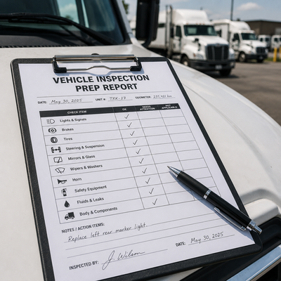 MTO vehicle inspection prep report on a clipboard resting on the hood of a commercial truck in a fleet yard