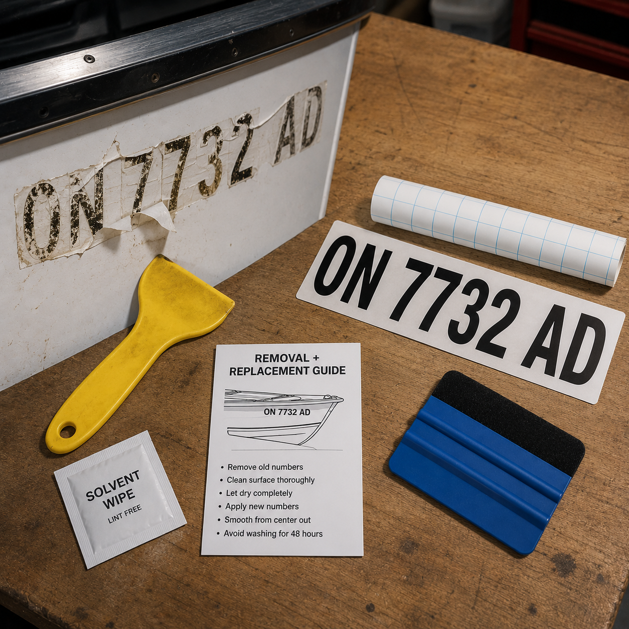 Used boat number changeover kit on a workbench: old faded ON 7732 AD numbers peeling off a hull beside a lifter, solvent wipe, removal and replacement guide, and fresh ON 7732 AD numbers with transfer tape and squeegee
