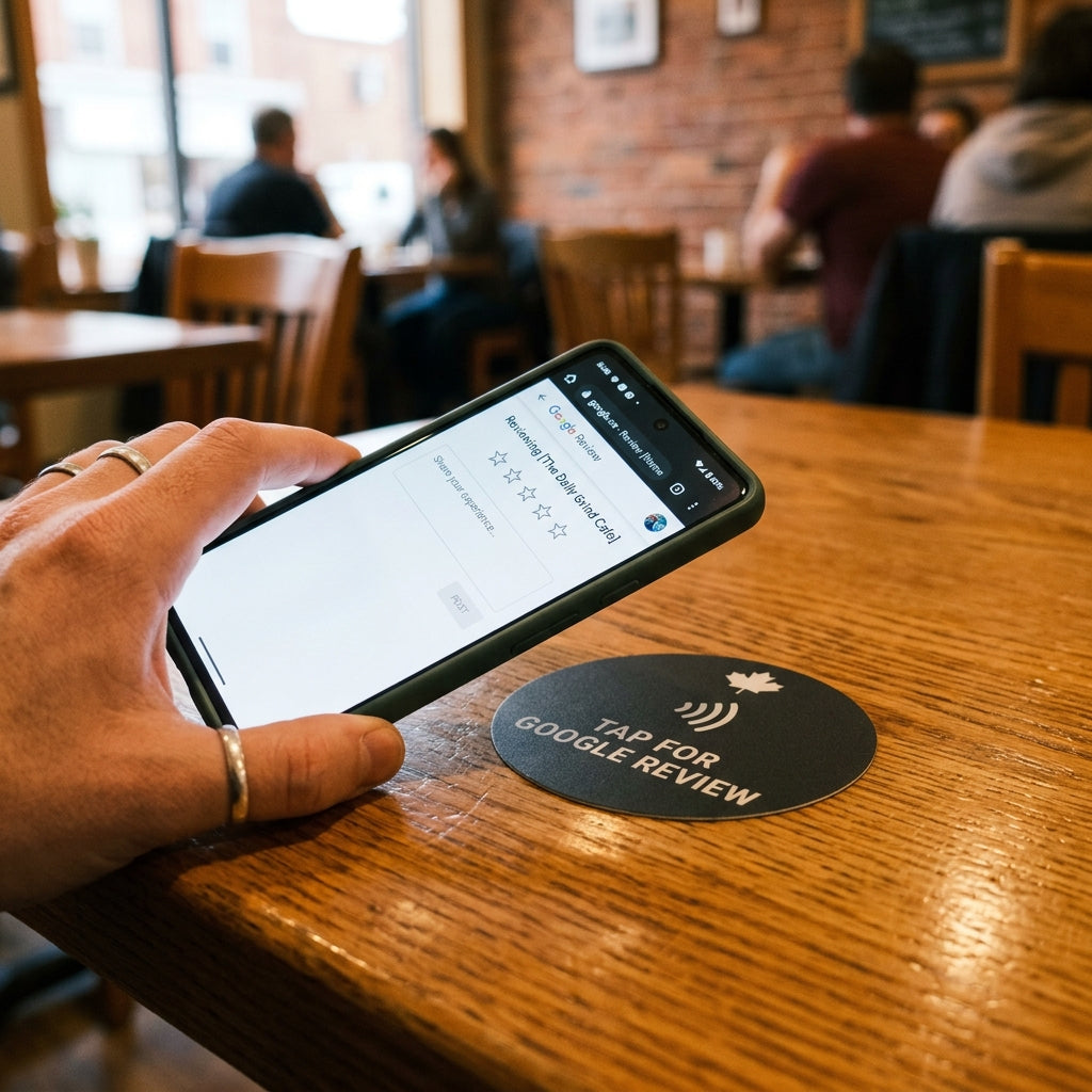 Customer tapping phone on CAN-TAP NFC window cling to leave a Google review — Ontario small business storefront