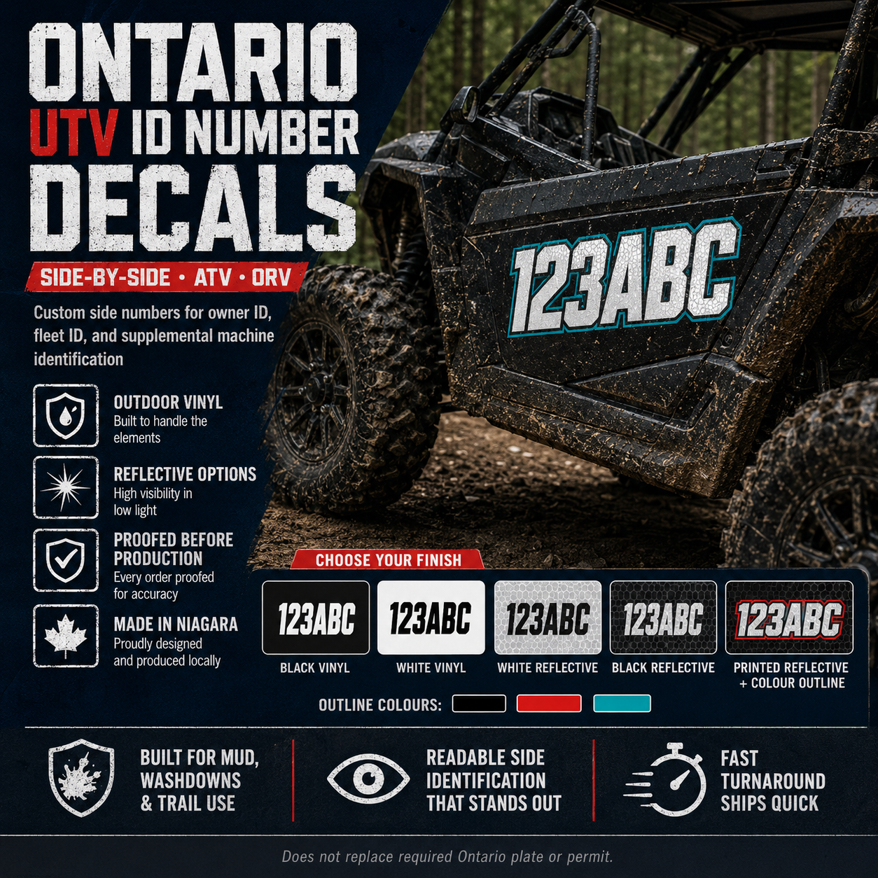 Standard Permanent Vinyl UTV ID number decals on an Ontario side-by-side with custom 123ABC side identification