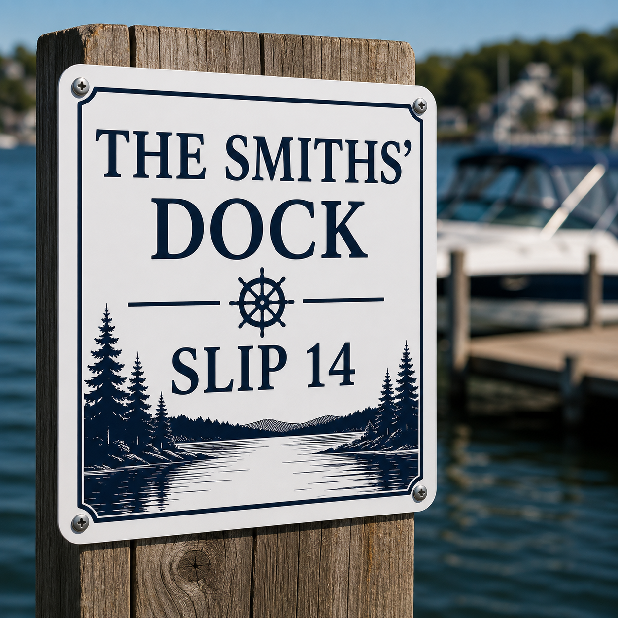 Personalized dock and slip sign printed on a flat white aluminum composite panel with rounded corners, reading THE SMITHS DOCK SLIP 14, mounted on a dock post at a marina