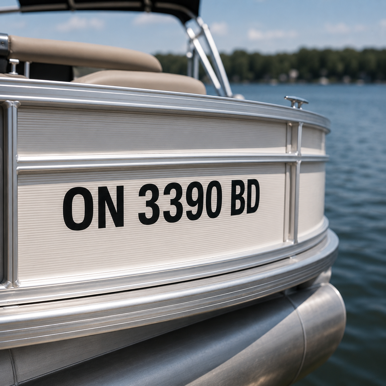Pontoon boat registration numbers reading ON 3390 BD in black cut vinyl on the forward fence panel of a pontoon boat on a sunny lake