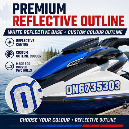 Premium reflective outline PWC registration decal with white reflective base and custom colour outline close-up