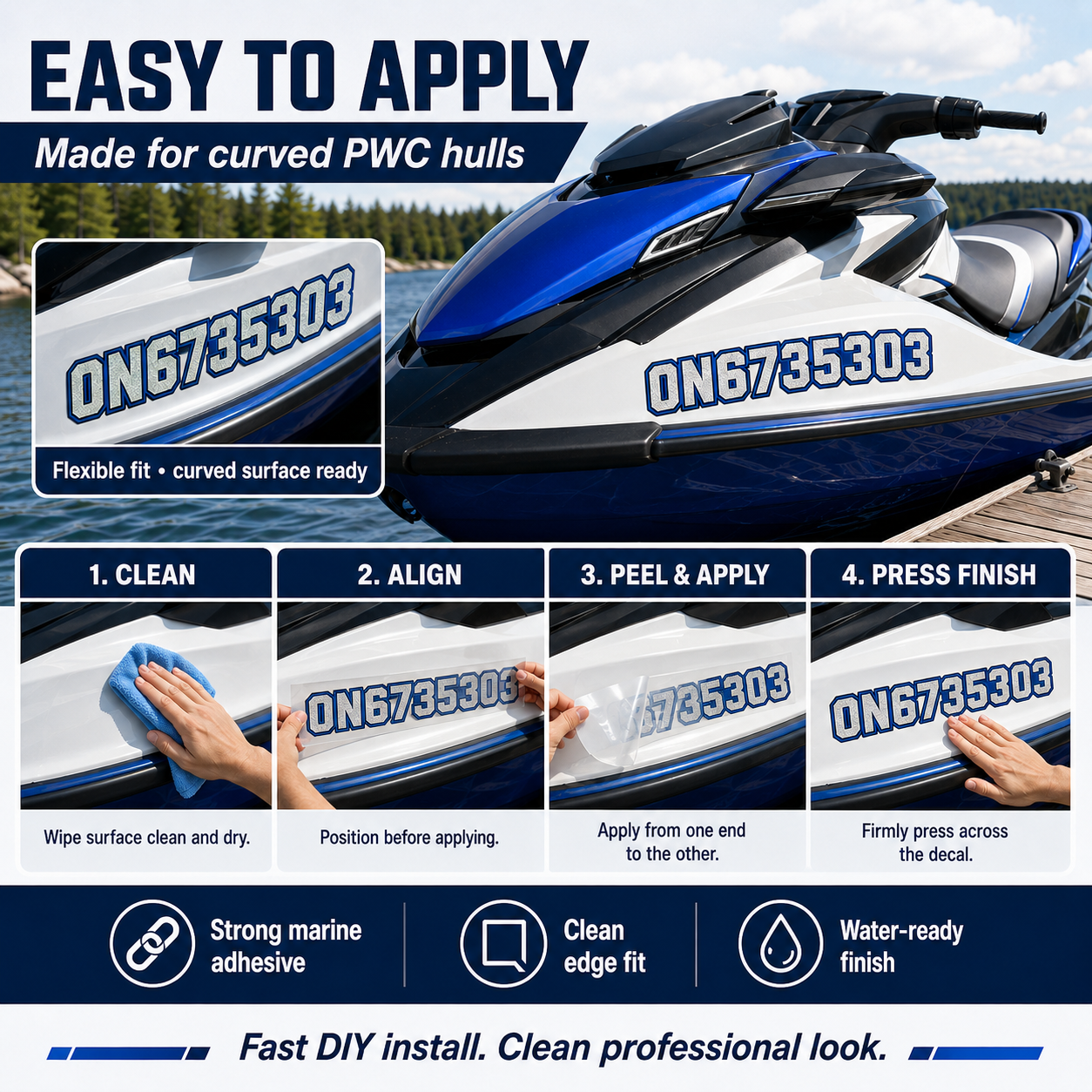 Easy apply PWC registration decal install steps for curved hulls clean align peel and press finish