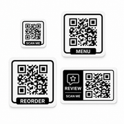 Custom QR code stickers including scan me, menu, reorder, and review layouts