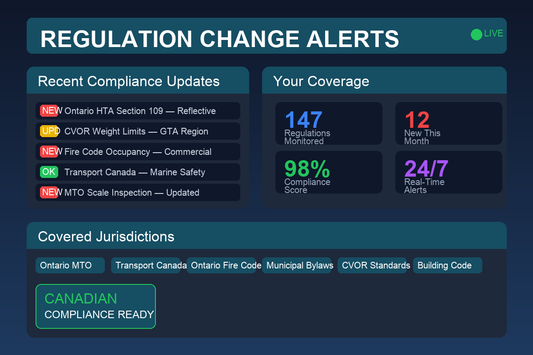 Regulation change alerts compliance dashboard showing real-time regulatory updates for Canadian businesses