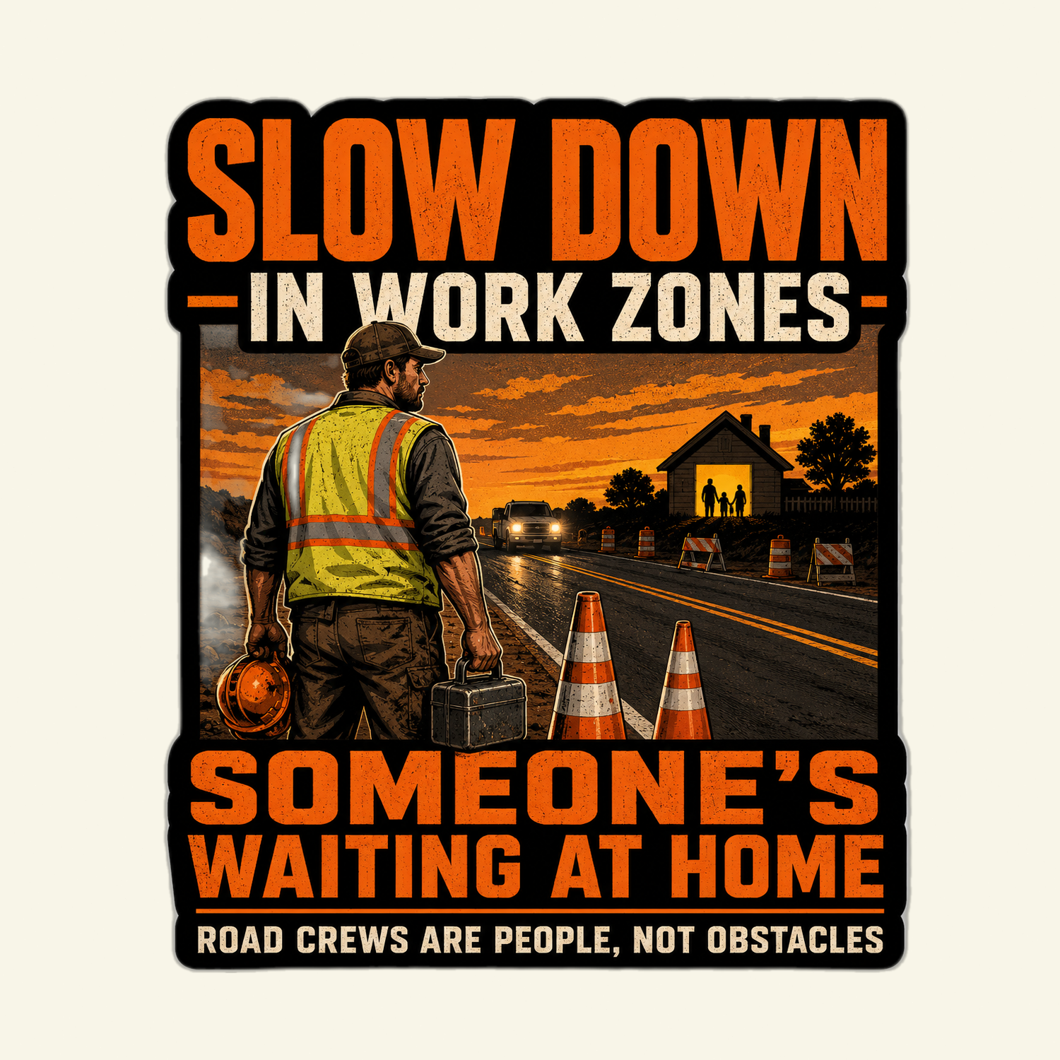 SLOW DOWN IN WORK ZONES — retro safety-poster vinyl decal showing road-crew worker walking off shift toward a small house with a lit doorway, traffic cones beside an active lane. Bottom text: SOMEONE'S WAITING AT HOME. ROAD CREWS ARE PEOPLE, NOT OBSTACLES.