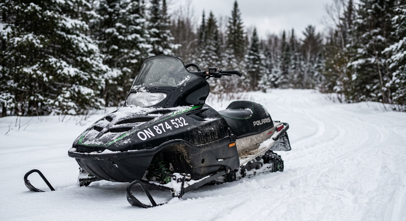 Snowmobile registration numbers on black cowling
