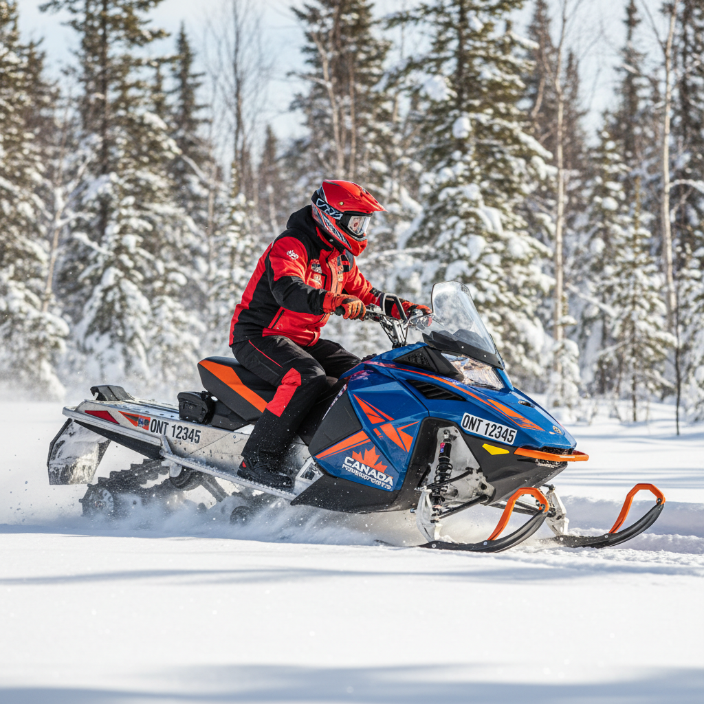 Snowmobile with visible registration decals on Ontario winter trail