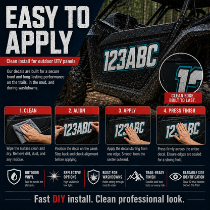 Reflective Vinyl UTV ID number decal installation on a clean flat side-by-side panel
