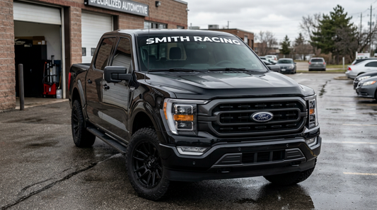 Custom windshield banner SMITH RACING on black Ford F-150 SuperCrew truck Ontario